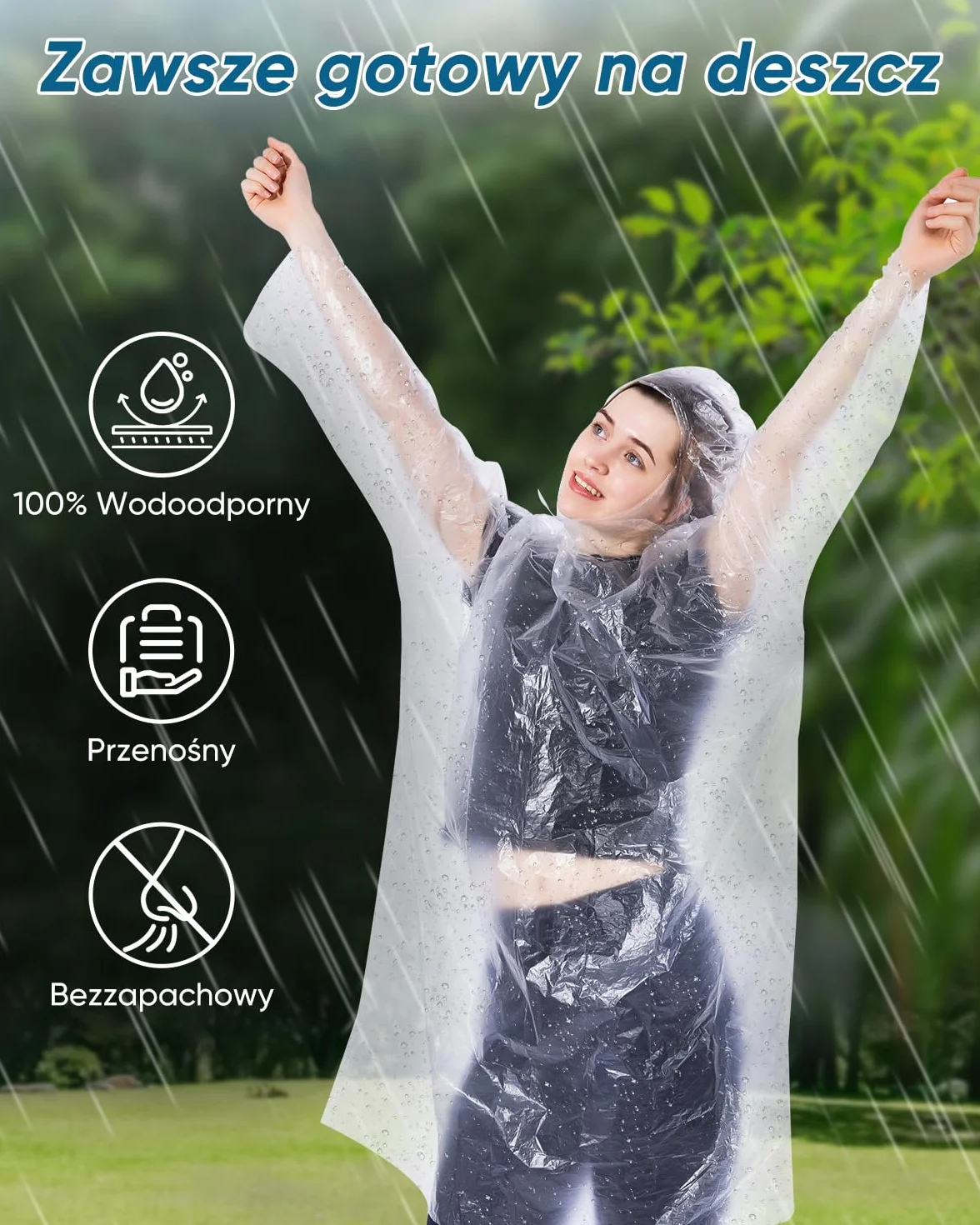 50/100 szt. jednorazowe poncza przeciwdeszczowe z kapturem dla dorosłych, dla mężczyzn i kobiet, wodoodporne, idealne na kemping i wycieczki