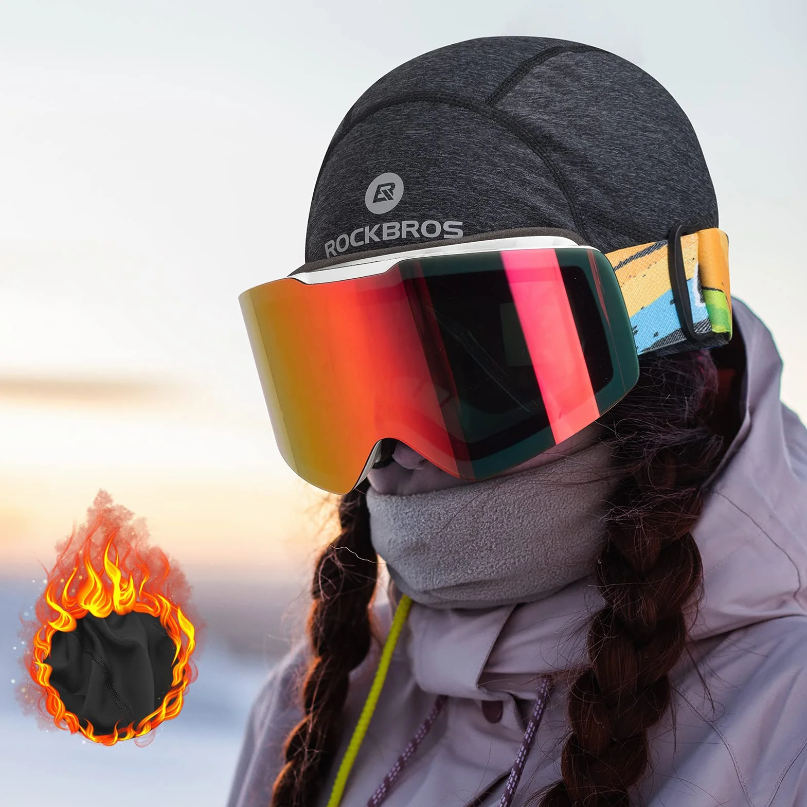 ROCKBROS Czapka Rowerowa, Czapka na Kask, Zimowa, Wiatroszczelna, z Otworami na Okulary, Ciepła Czapka na Rower na Świeżym Powietrzu, Jazdy na Rowerze, Jazdy na Nartach, Biegania, Unisex, Czarna Szara