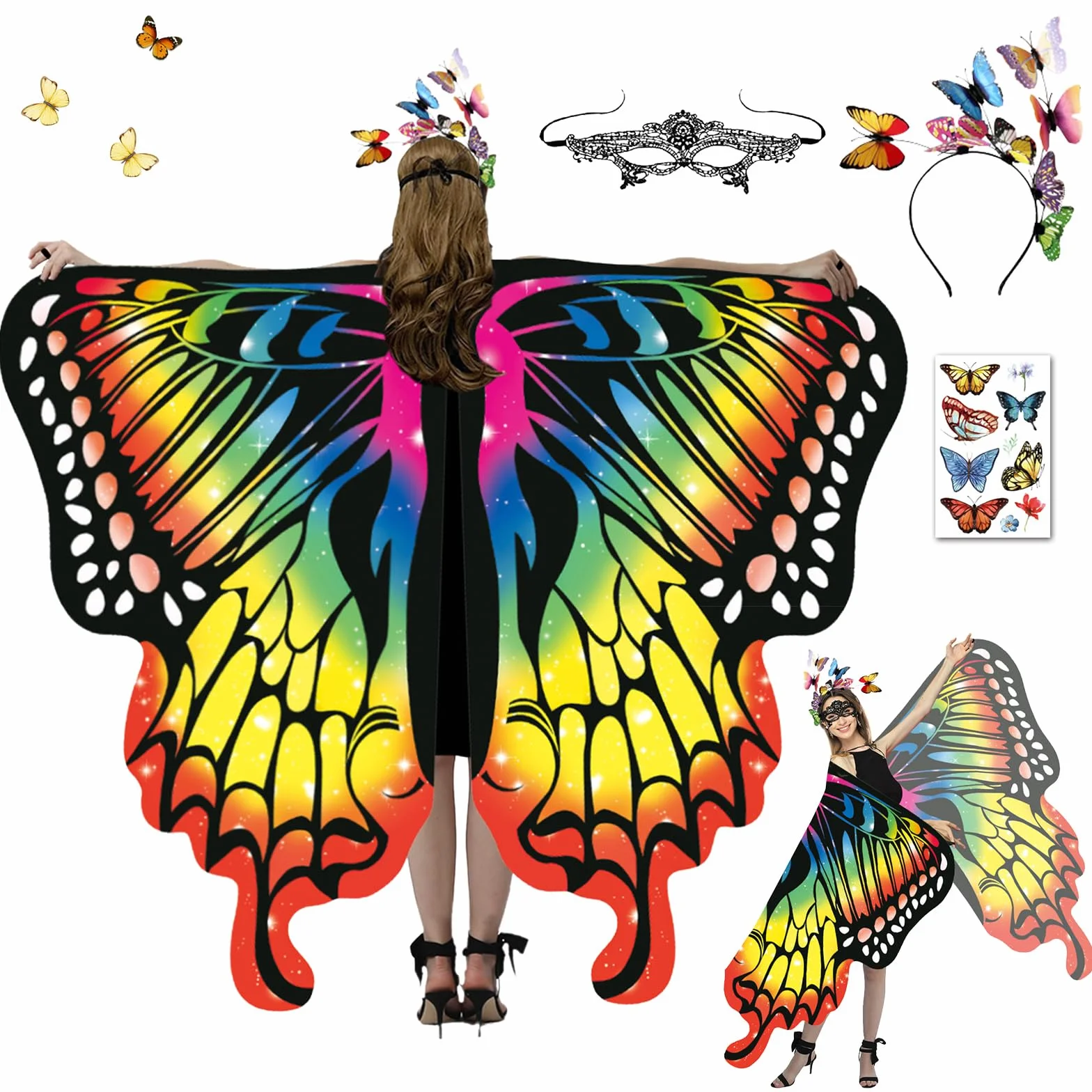 Motyl Skrzydła Szaliki, 4 szt. Motyl Szaliki, Szalik Motyl Kostium Dorośli, Płaszcz Motyl Kobieta, Szal Motyl Kobieta, Skrzydła Motyl Z Opaska Na Karnawał, Impreza 168 x 140 cm