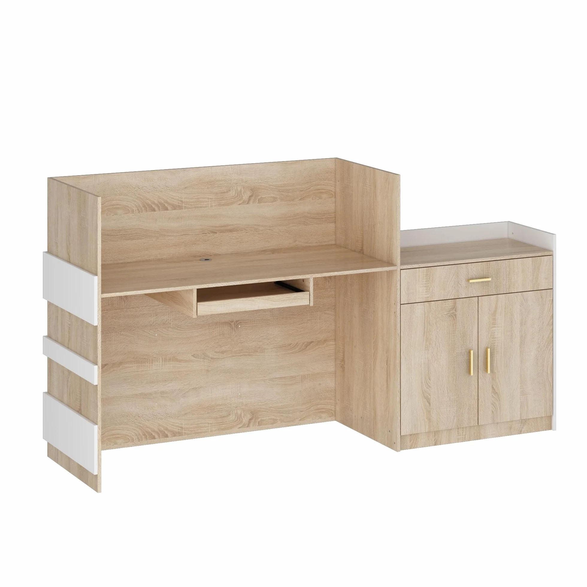 lada recepcyjna, recepcja, stół recepcyjny, stół recepcyjny, strefa recepcyjna, stół recepcyjny, mebel biurowy, 222 cm x 64 cm x 120 cm, biały + drewno dębowe