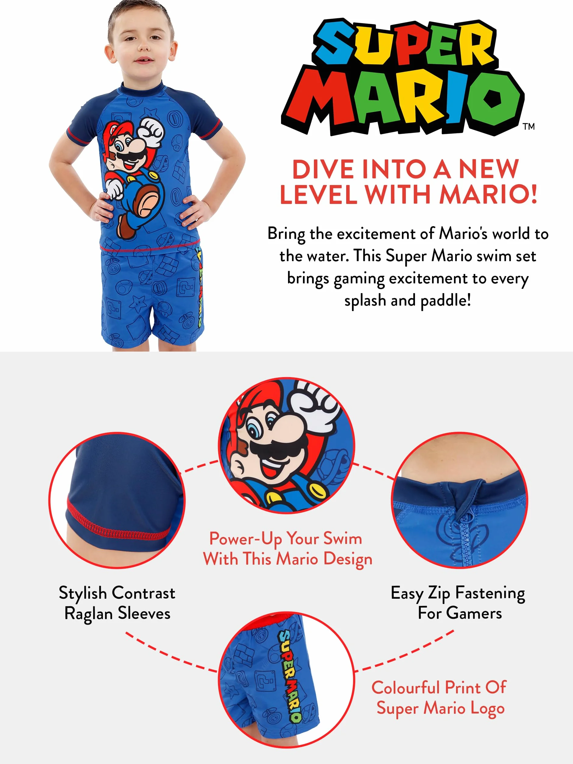 Super Mario Zestaw Kąpielowy dla Chłopców | Dwuczęściowy Kostium Kąpielowy dla Chłopców | Dziecięca Koszulka Rash i Szorty do Pływania