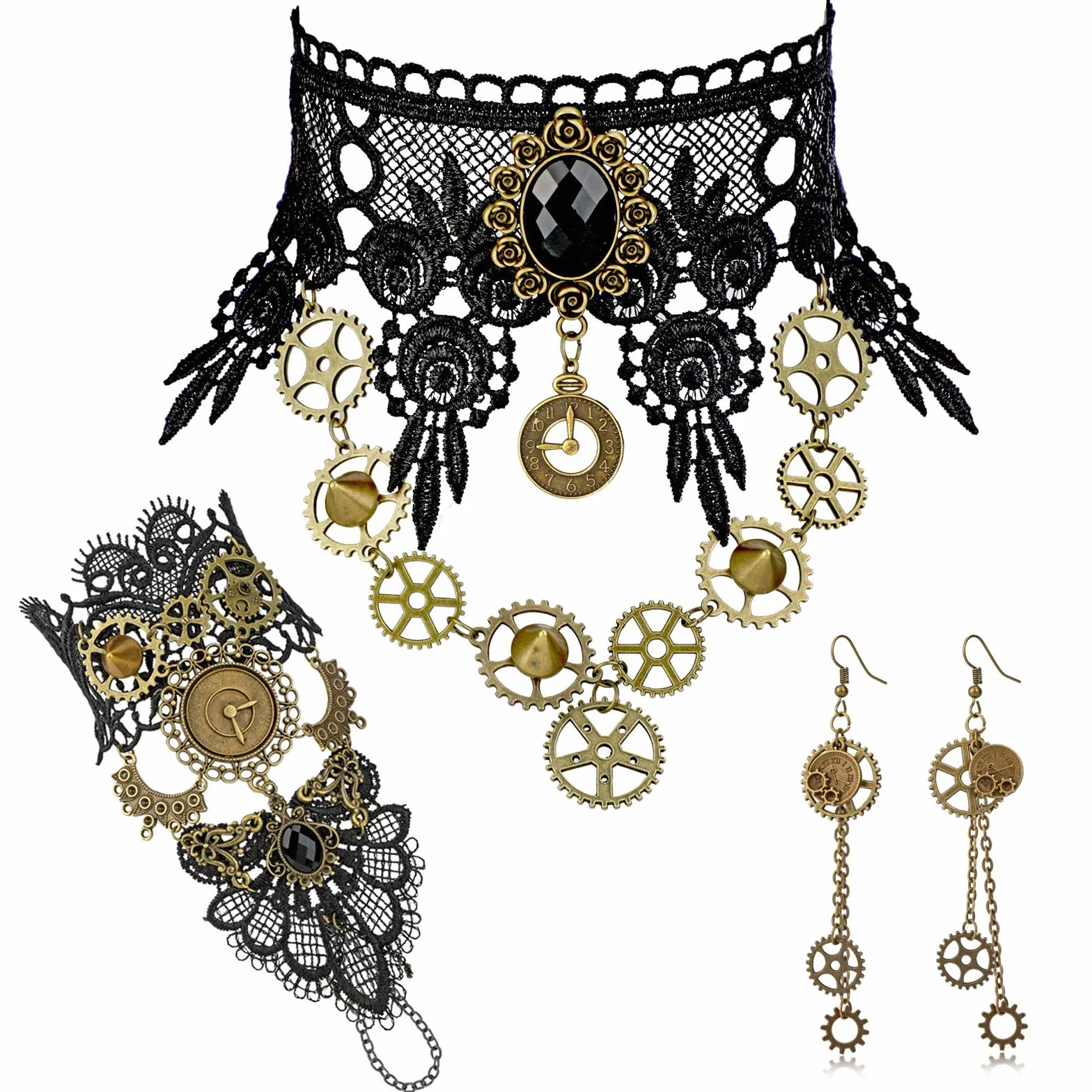 HOWAF Steampunk akcesoria Steampunk kostium dla kobiet i mężczyzn, koła zębate steampunk, naszyjnik koronkowy, gotycki choker, naszyjnik, bransoletki, steampunk, kolczyki, gotycka biżuteria, okulary,
