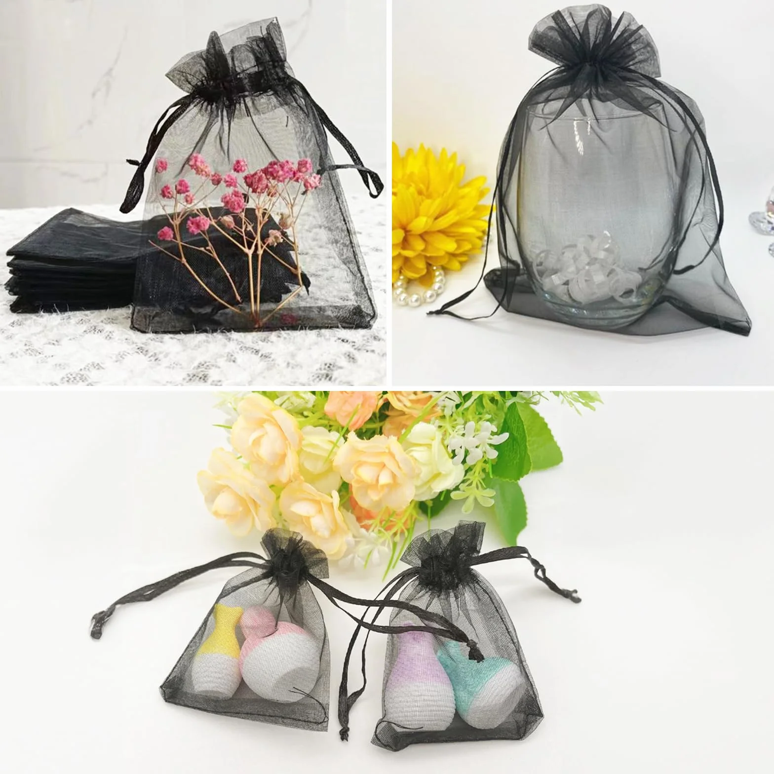 jijAcraft Woreczki z organzy ślubne czarne woreczki z organzy 10 x 15 cm, 50 sztuk ze sznurkiem, na słodycze, na biżuterię, torebki na prezenty weselne