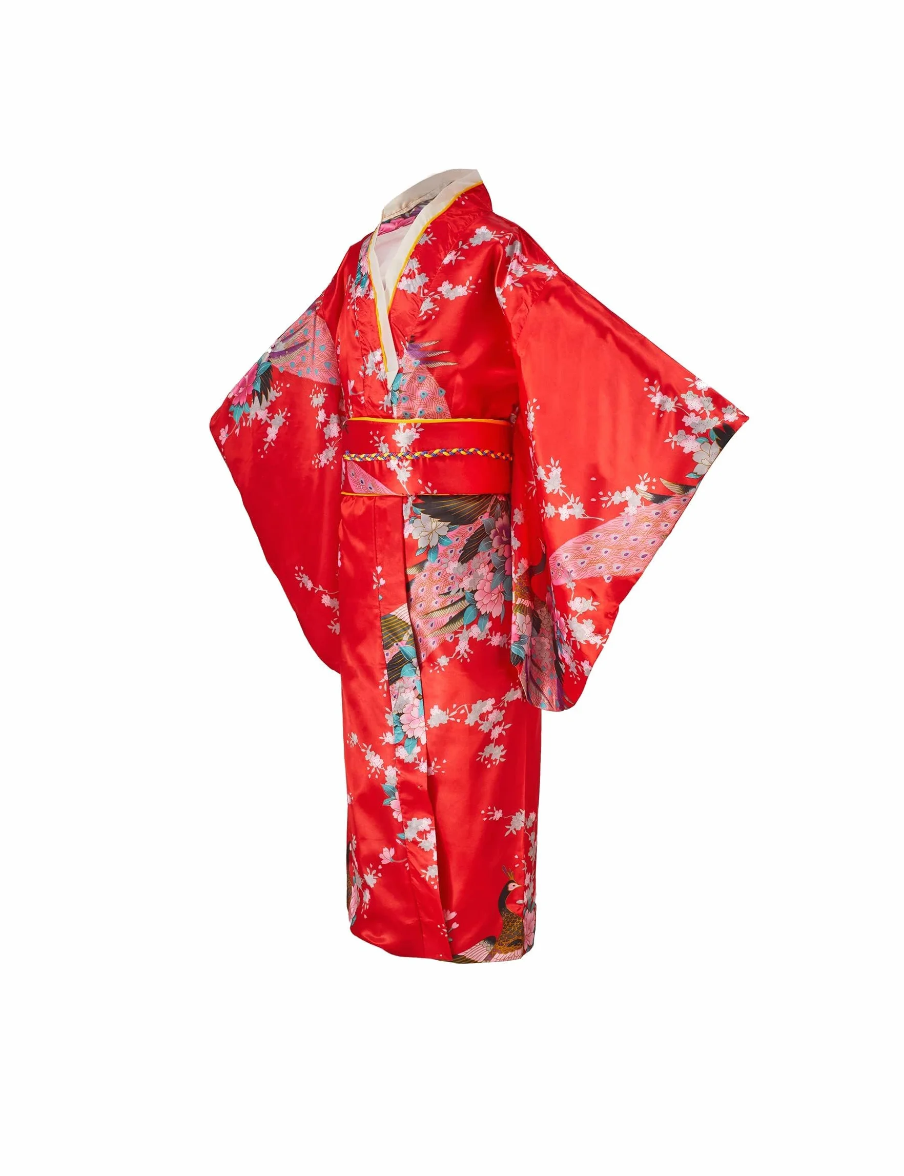 Yukata kimono dla dziewczynek, styl japoński, tradycyjny strój, jedwabny materiał, strój ślubny, na imprezę, do występów, czerwony, 140