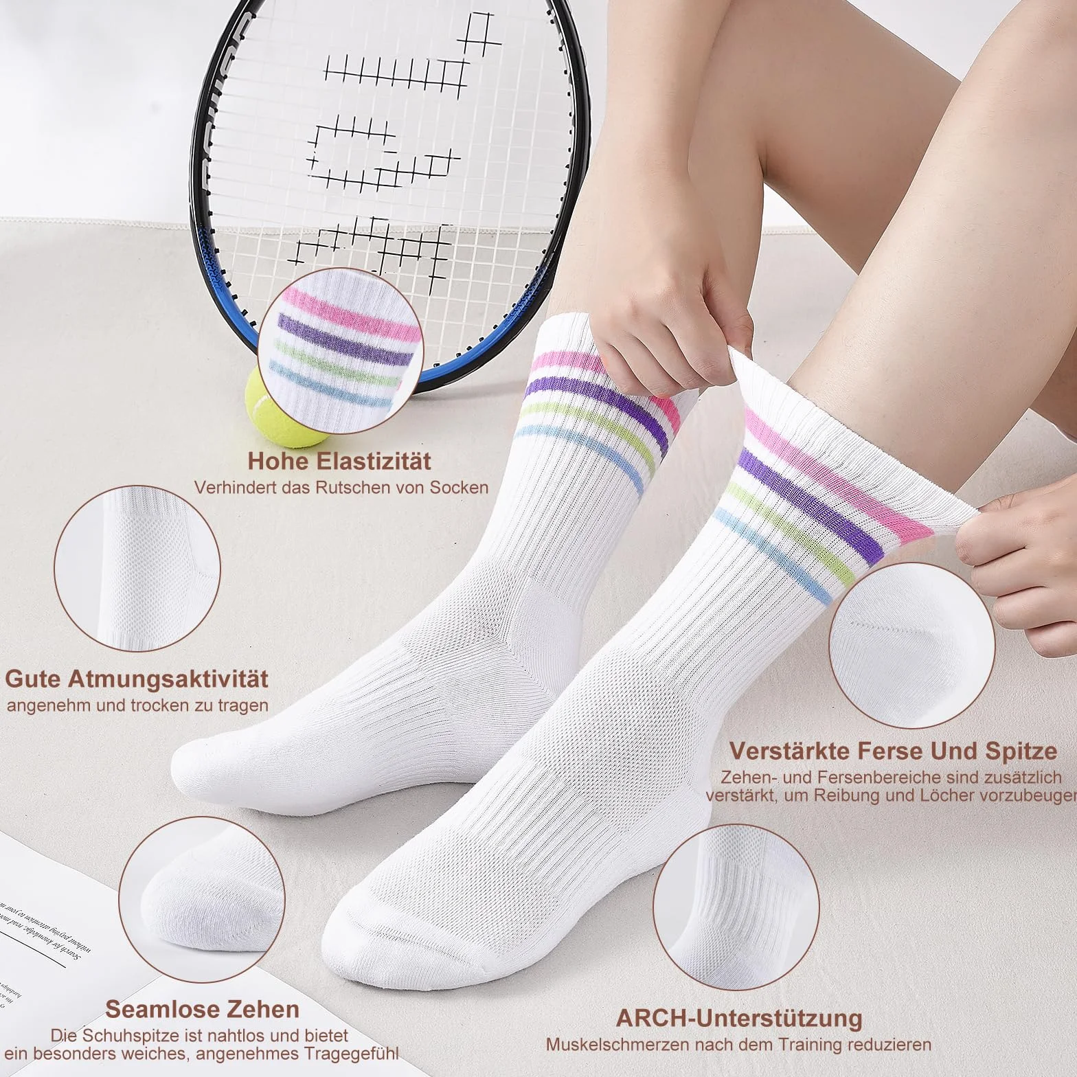 Niorasen Damskie Retro Skarpety Tenisowe, SportoweBaweiniane, Oddychajace Skarpetki Poludniowe,Kolorowe, Rozmiar 35-38, 39-42,6 Par, ldealne NaPrezent Walentynki I Urodzinowy Dla Kobiety