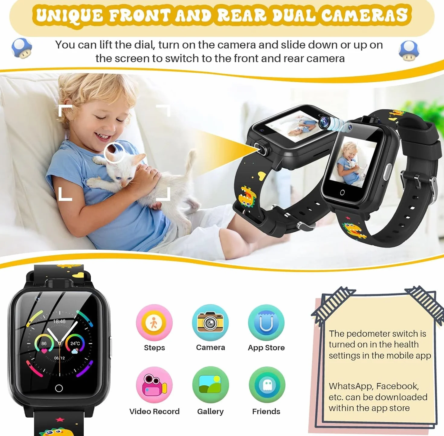 OKYUK Smartwatch 4G z Trackerem GPS dla Dzieci, Podwójna Kamera, 2-Kierunkowe Połączenia Głosowe i Wideo, Powiadomienie SOS, Bezpieczny dla Uczniów 3-12 Lat