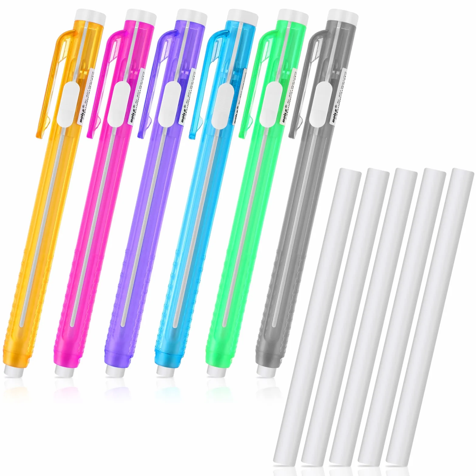 Molain Gumki w stylu pióra, 6 chowanych etui na długopisy + 6 gumek, gumki do ścierania, artykuły biurowe, pomarańczowy, niebieski, biały, zielony, różowy, fioletowy (515564_1-TYLUK-Jinrui-QX)