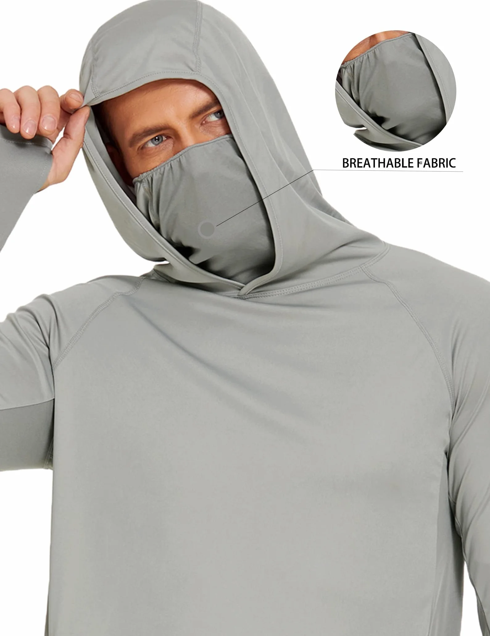 PINSPARK Męska koszulka sportowa UV UPF 50+ ochrona przed słońcem UV koszulka z długim rękawem bluza z kapturem z otworem na kciuk, Rashguard, oddychająca, surfing, wędkowanie, wędrówki