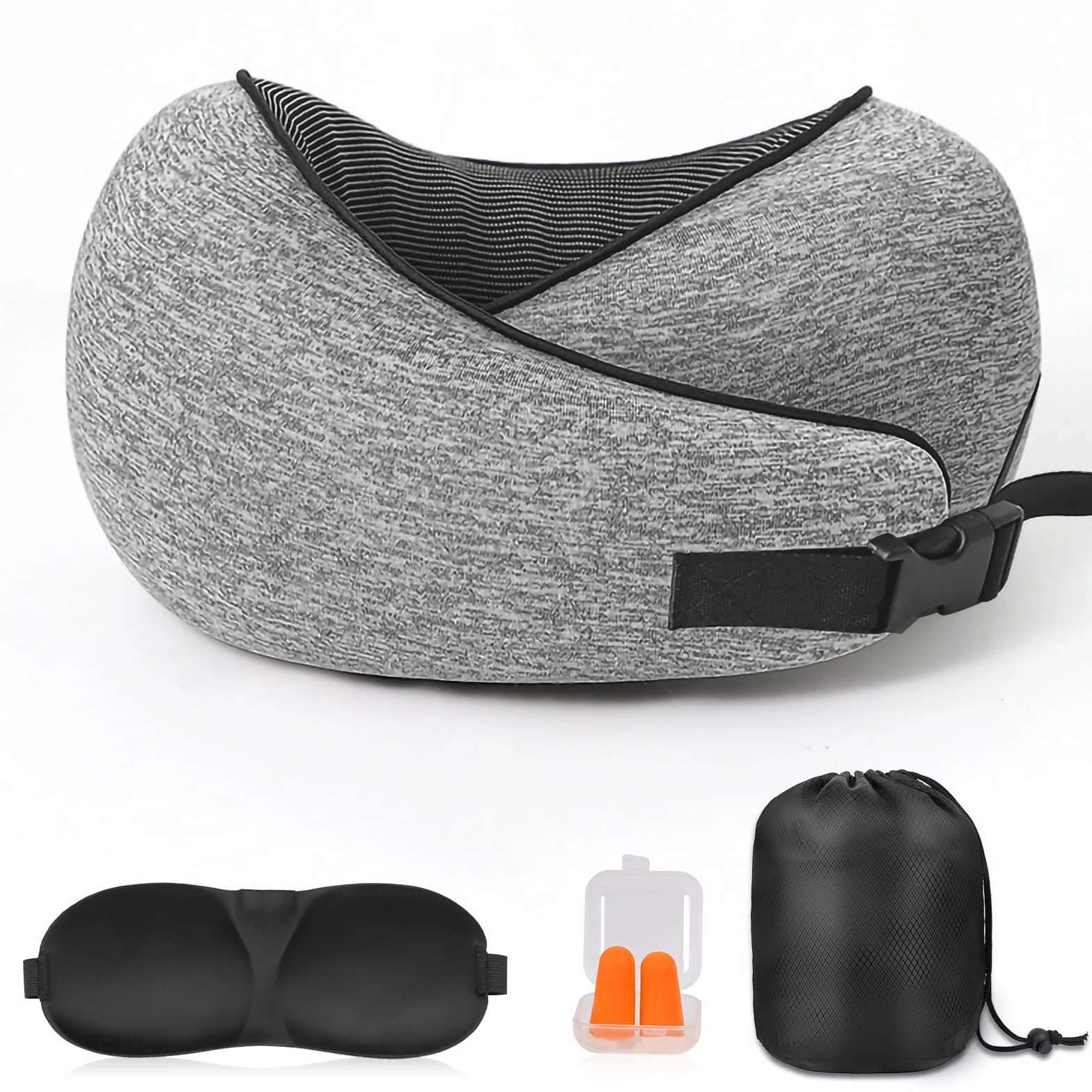 flintronic Poduszka podróżna, poduszka pod kark z pianki z pamięcią kształtu, wygodna i ergonomiczna poduszka z zatyczkami do uszu, maskami na oczy, torbą do przenoszenia, poduszka podtrzymująca głowę