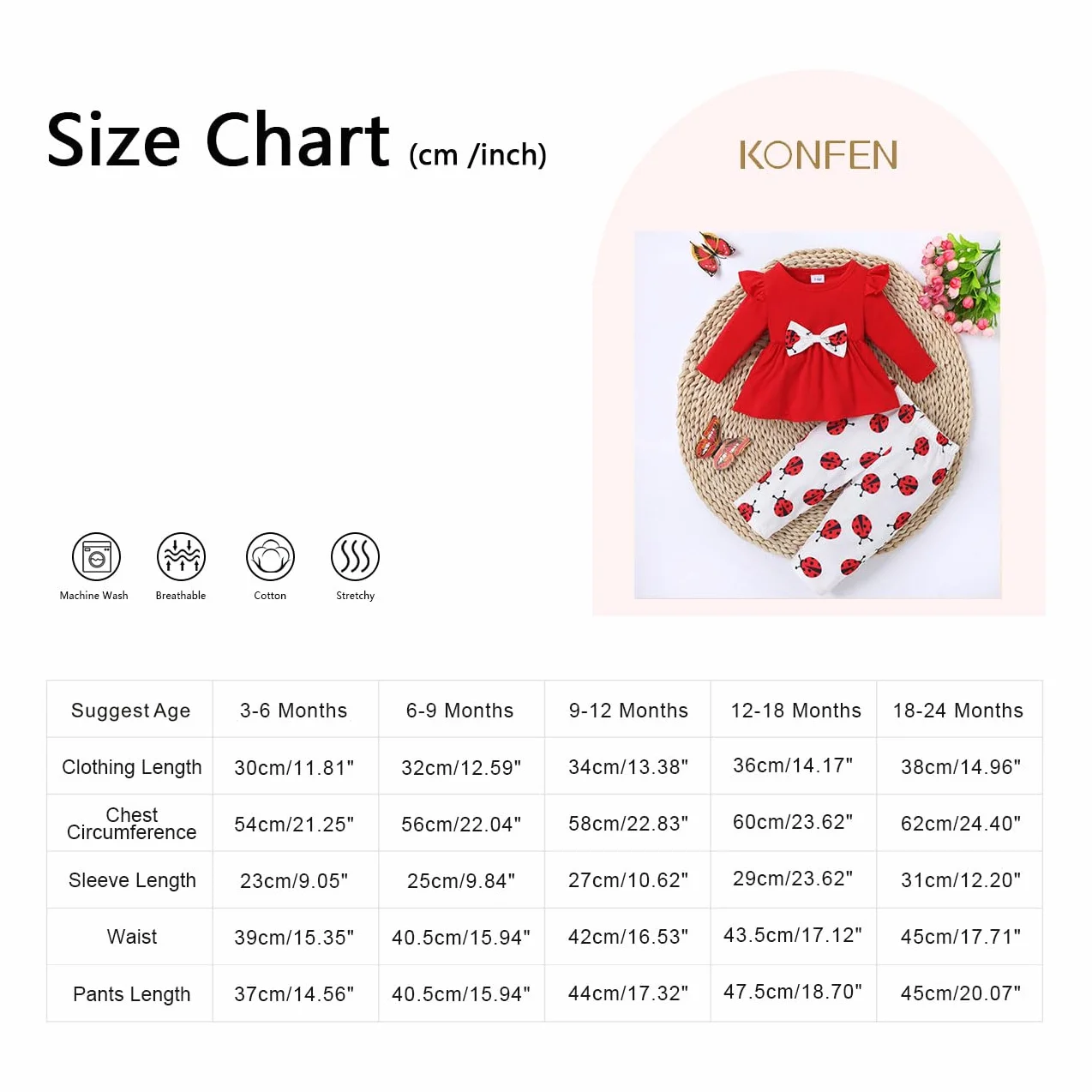 Ubranie dla dziewczynek, biedronka, top z długim rękawem, z węzłami kokardkowymi + spodnie, zestaw 2 sztuk, t-shirty z długim rękawem, spodnie, zestaw odzieży, odzież dla niemowląt, kolor