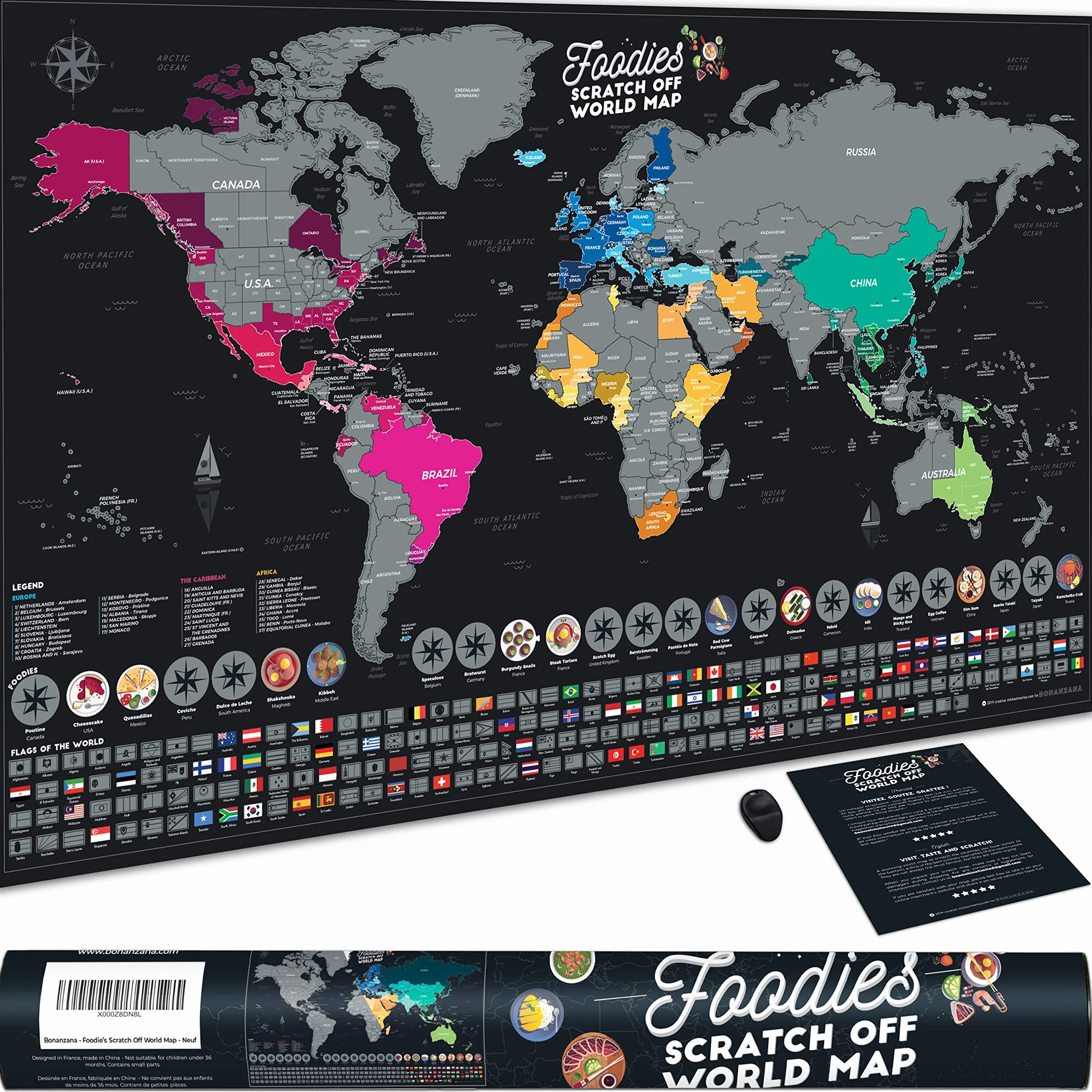 Bonanzana - Mapa świata do zdrapywania XXL - 70 x 42 cm - z 25 produktami spożywczymi i 197 flagami - mapa świata Foodies ze skrobakiem - Scratch off World Map - prezent