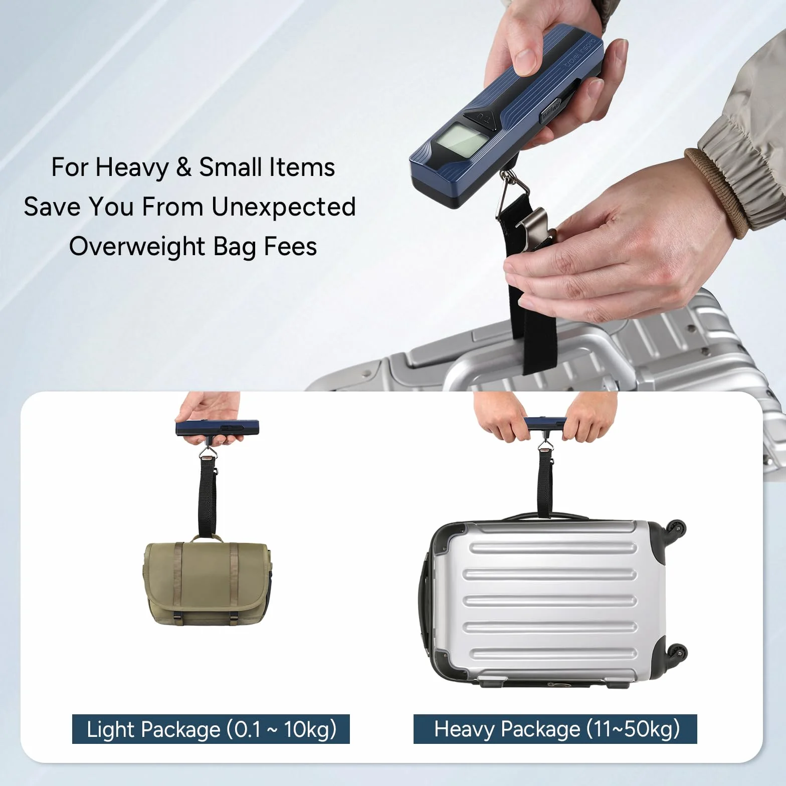 travel inspira Waga podróżna bez baterii, cyfrowa waga podróżna z wyświetlaczem LCD, waga bagażowa do 50 kg/110 lb, cyfrowa waga bagażowa z haczykiem, tara, automatyczne wyłączanie, do podróży i