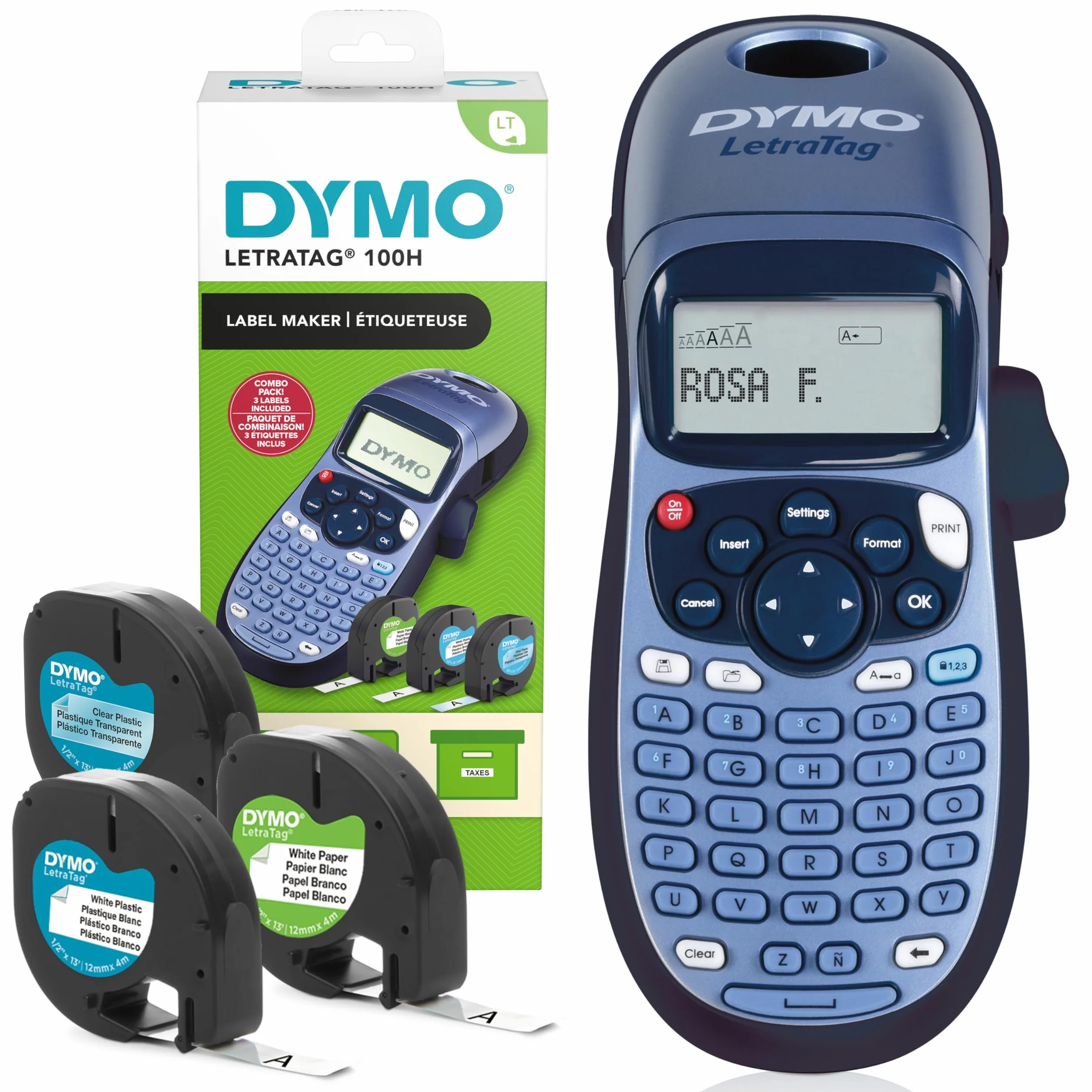 Dymo LetraTag LT-100H Label Maker Starter Kit | Ręczna drukarka etykiet | Z plastikową, papierową i przezroczystą taśmą etykietową | Idealna do biura lub domu