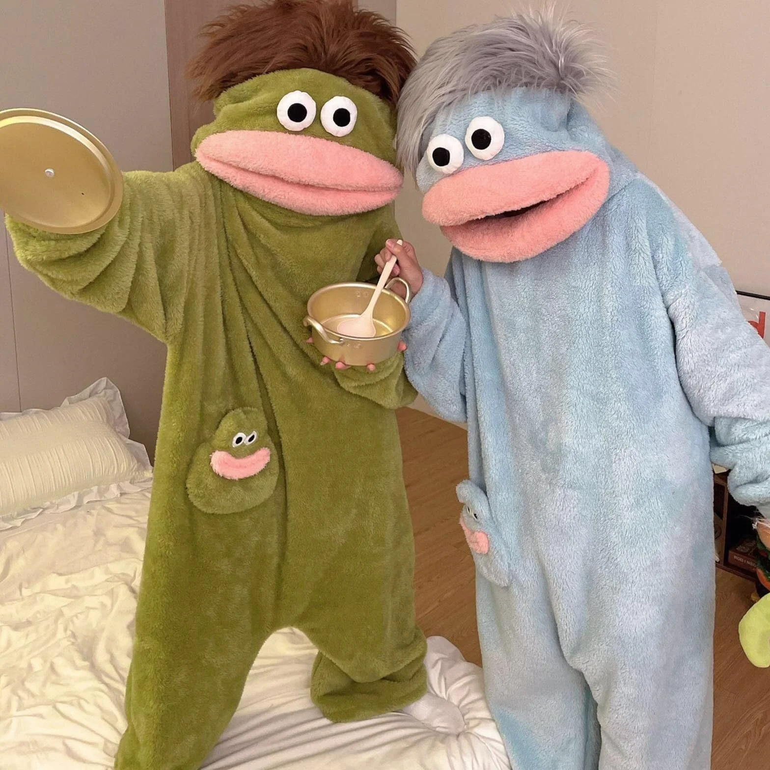 Adult Silly Monster Onesie Pajamas Unisex Big Mouth Goofy Hooded Plush One Piece Loungewear Warm Soft Animal Costume Sleepwear with Hood and Pockets