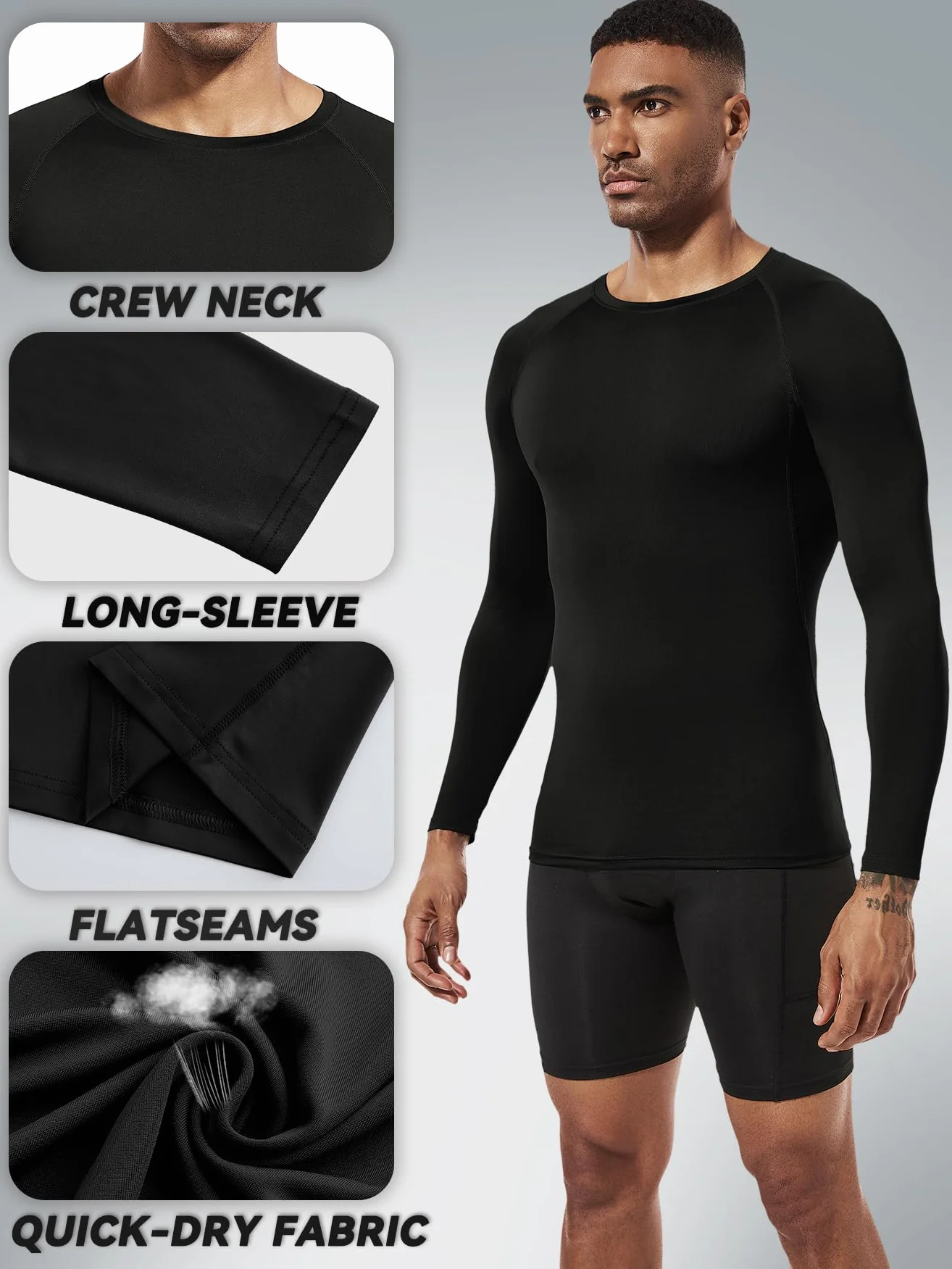 Męski T-shirt kompresyjny (2 sztuki) z długim rękawem, stójka, do sportów zimowych, basic