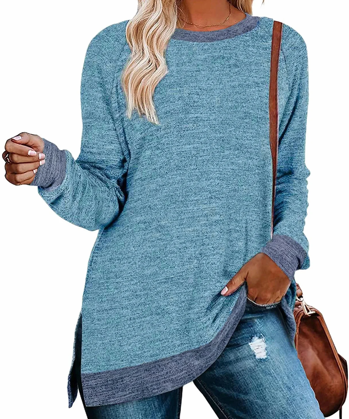 Cuptacc Sweter damski, okrągły dekolt, luźny sweter, elegancki, dopasowany kolor, długi rękaw