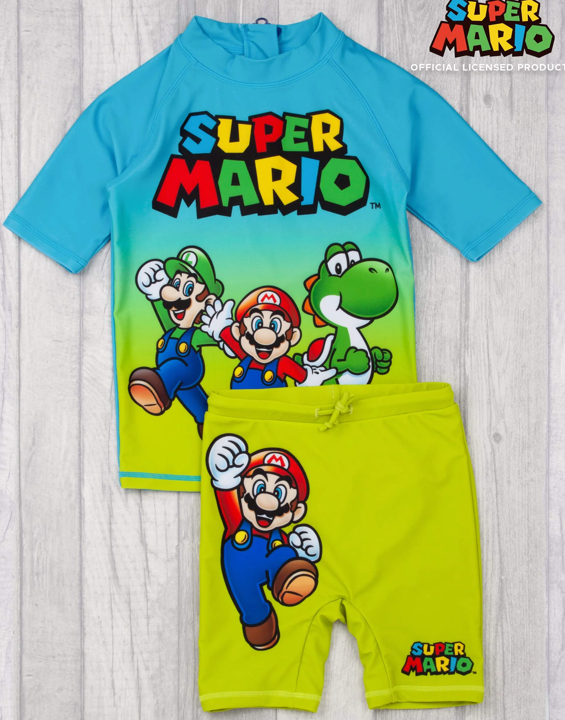 Super Mario Strój kąpielowy dla chłopców | niebiesko-zielony dwuczęściowy strój kąpielowy z szortami | dziecięcy kostium kąpielowy dla graczy UV50+ bezpieczny dla słońca