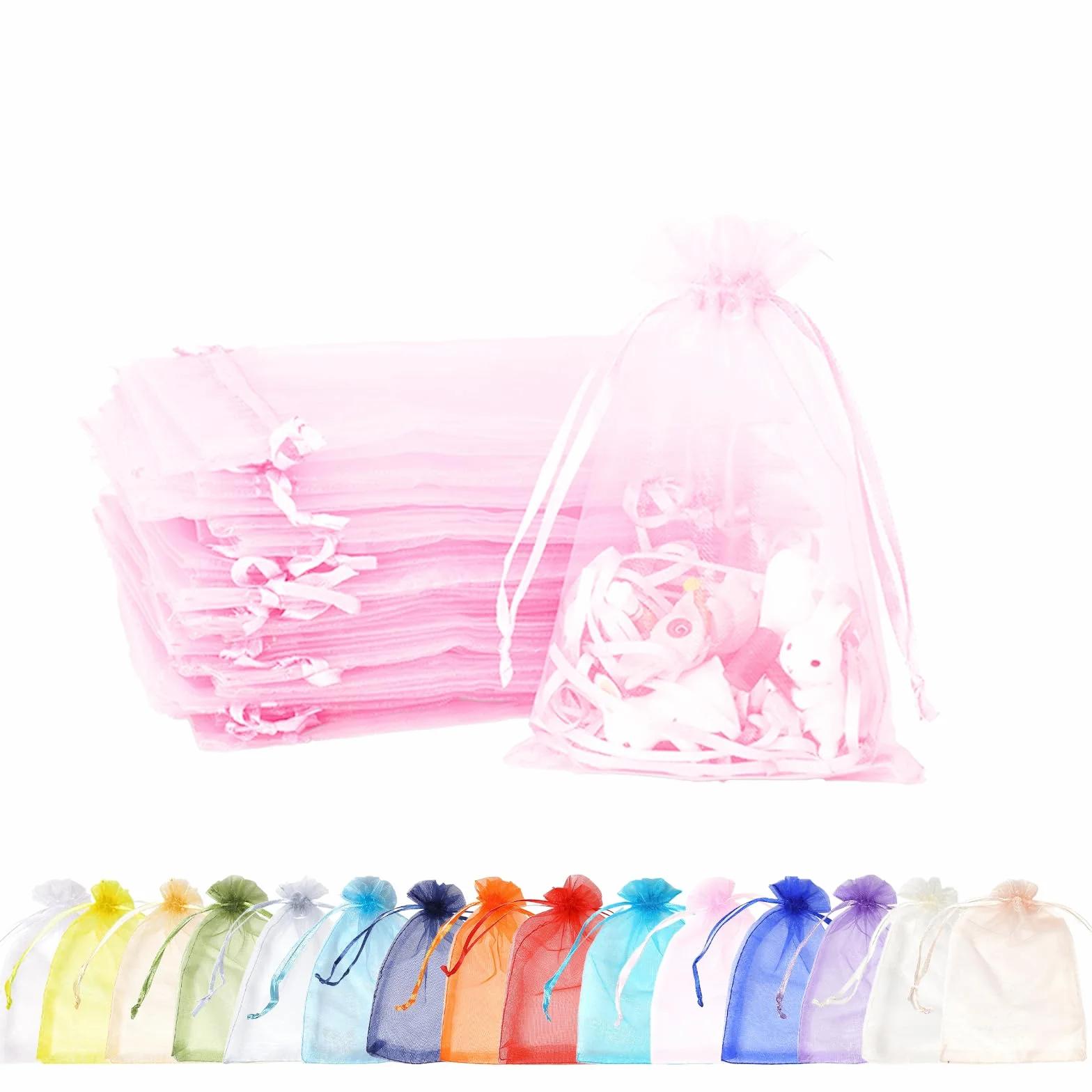 100 szt. różowych torebek na prezenty z organzy, 9 x 12 cm, małe torebki na biżuterię ślubną ze sznurkiem, siatkowa torba na cukierki, na imprezę, na urodziny, ślub, Boże Narodzenie