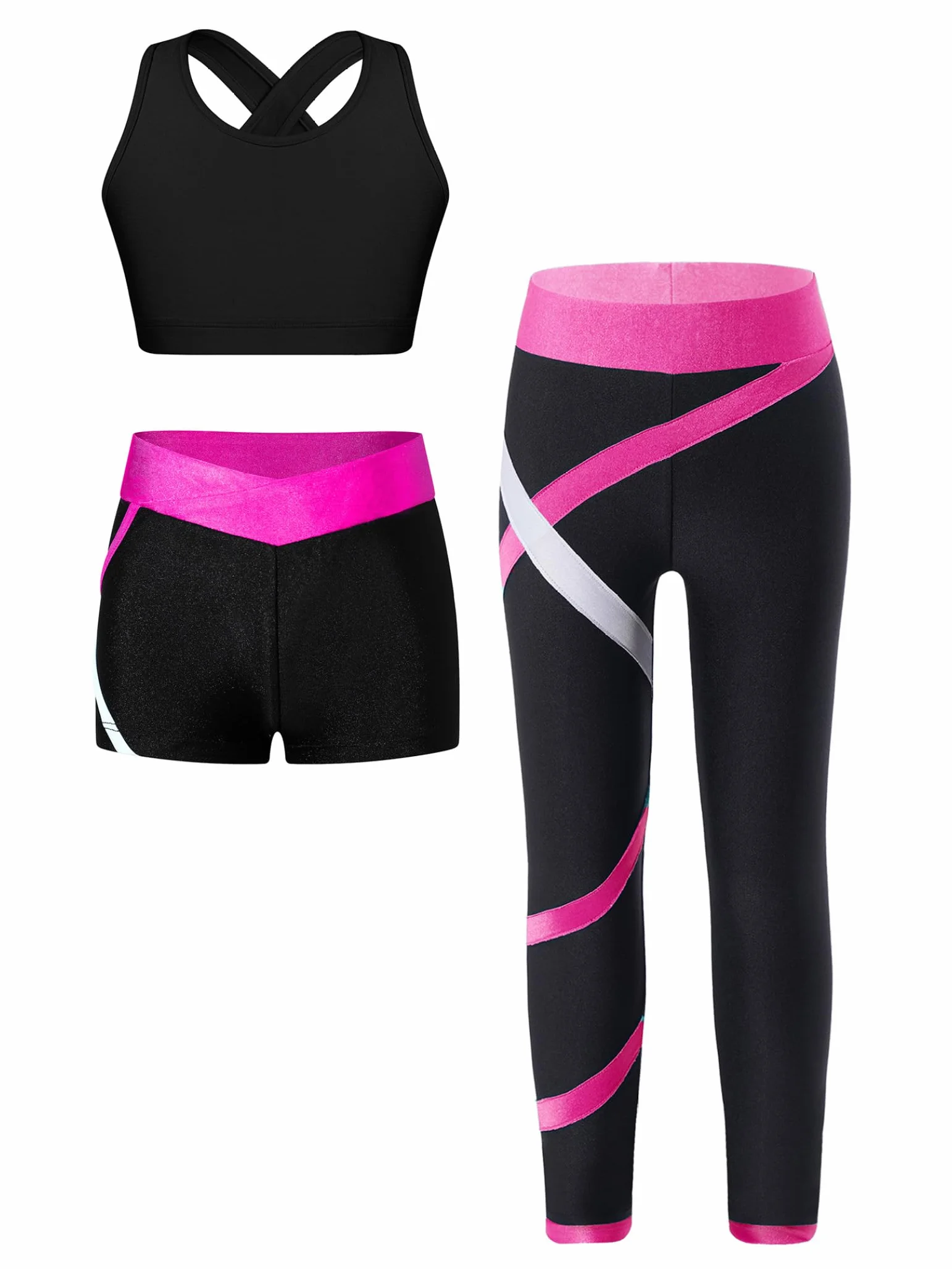 Dziewczęcy dres treningowy, sportowy biustonosz, spodnie do biegania, legginsy, szorty 3-częściowe, odzież sportowa, fitness, siłownia, joga, bieganie, taniec, trening, zestaw odzieży 5-16 lat