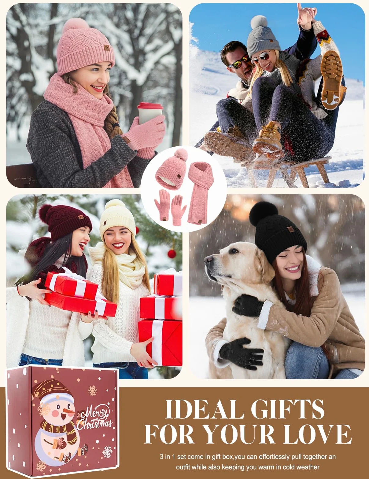 Voqeen Damski szalik czapka zestaw rękawiczek zimowych, ciepły, miękki szal z dzianiny, długi, gruby polar, czapka beanie, czapka z pomponem, ekran dotykowy, zestaw upominkowy dla kobiet 3 w 1