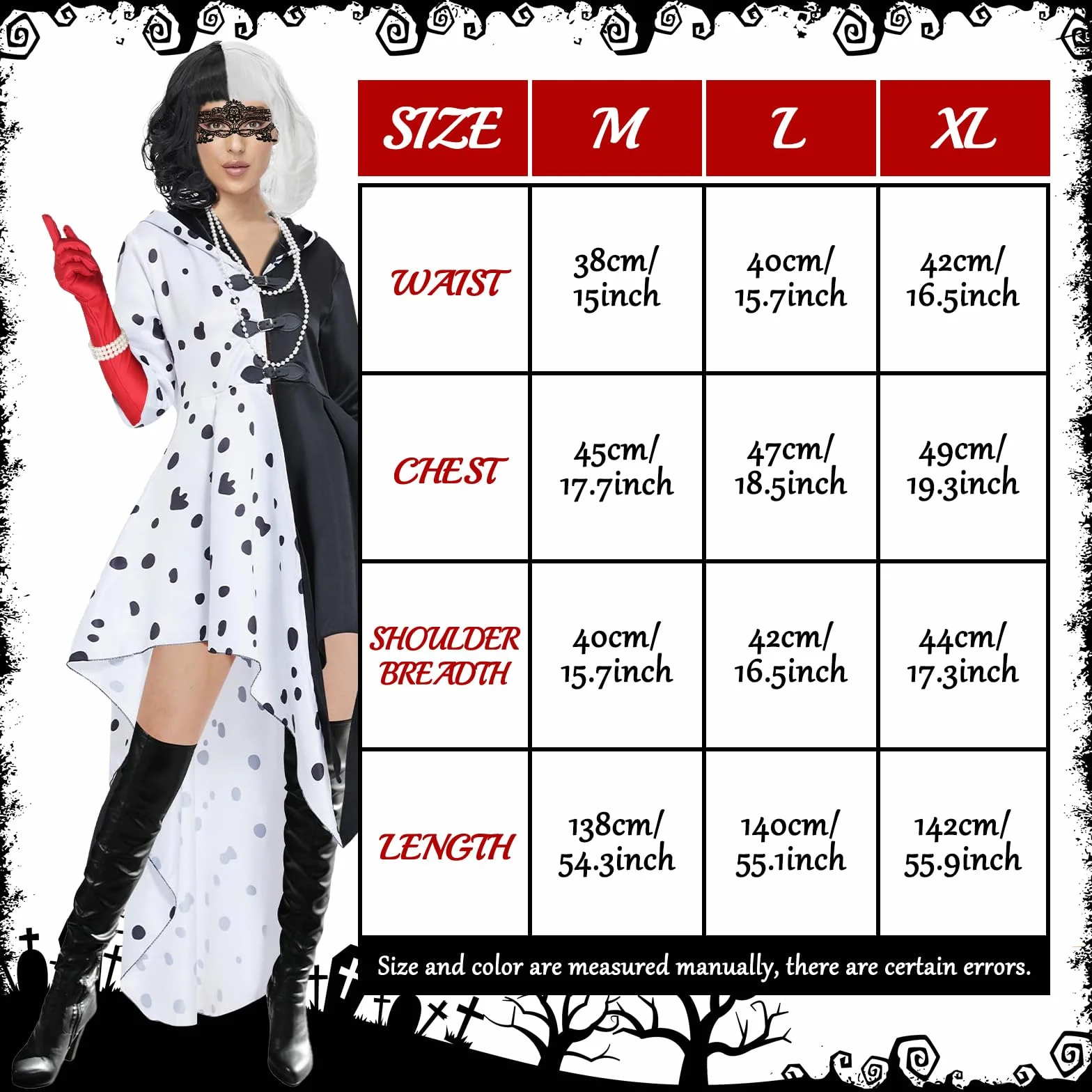 9 sztuk kostiumu Cruella dla kobiet, Halloween, Cruella, Devil, zestaw akcesoriów z sukienką, krótką, czarno-białą peruką, koronkową maską, rękawiczkami, naszyjnikiem, pończochami siatkowymi