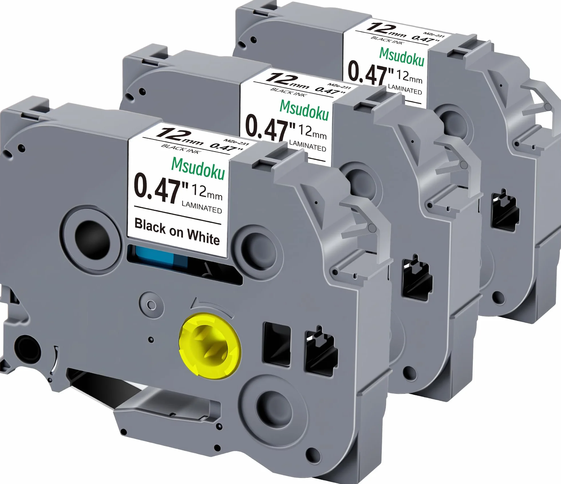3x Msudoku TZe-231 kompatybilna z taśmami Brother TZe231 TZ-231 12mm x 8m Taśma kompatybilna z Brother PTH100R PTD400 H105 E100 PT1000 PTH110 H101 H107B D210 H100LB, czarna na białym tle